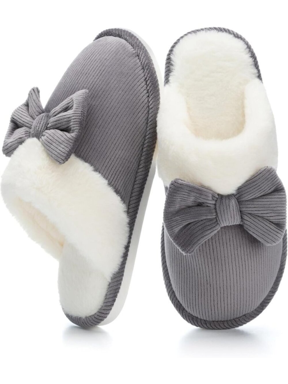 Women's Grey Memory Foam Fuzzy Non-Slip Faux Fur Lining Washable Bow Slippers